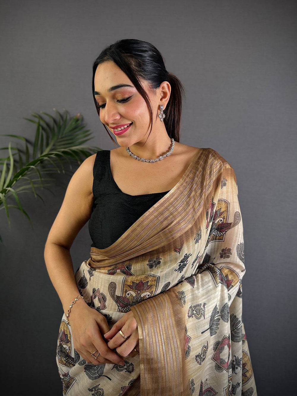 Beige Soft Silk Saree with Traditional Kalamkari Digital Print & Coffee Brown Zari Border