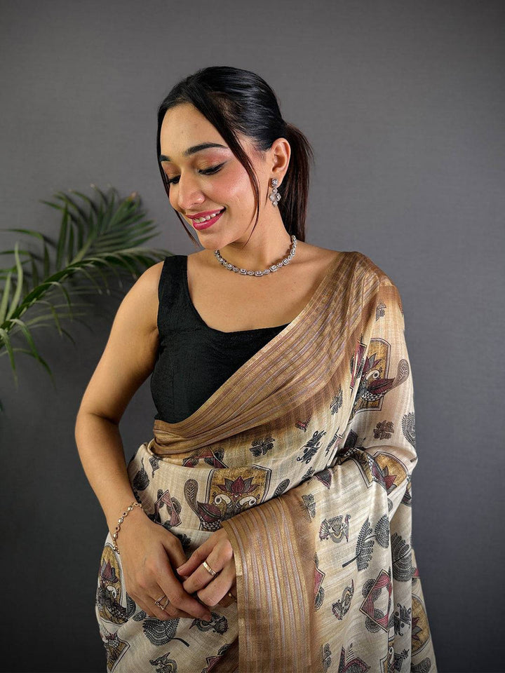 Beige Soft Silk Saree with Traditional Kalamkari Digital Print & Coffee Brown Zari Border