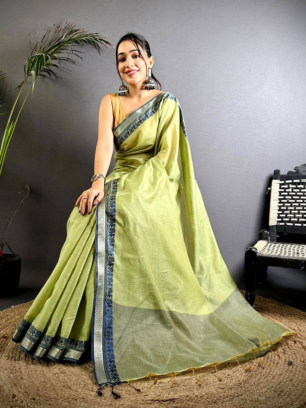 Light Green Soft Linen Silk Saree with Navy Blue Woven Border