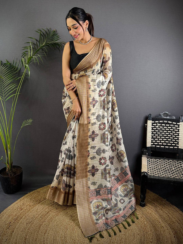 Beige Soft Silk Saree with Traditional Kalamkari Digital Print & Coffee Brown Zari Border