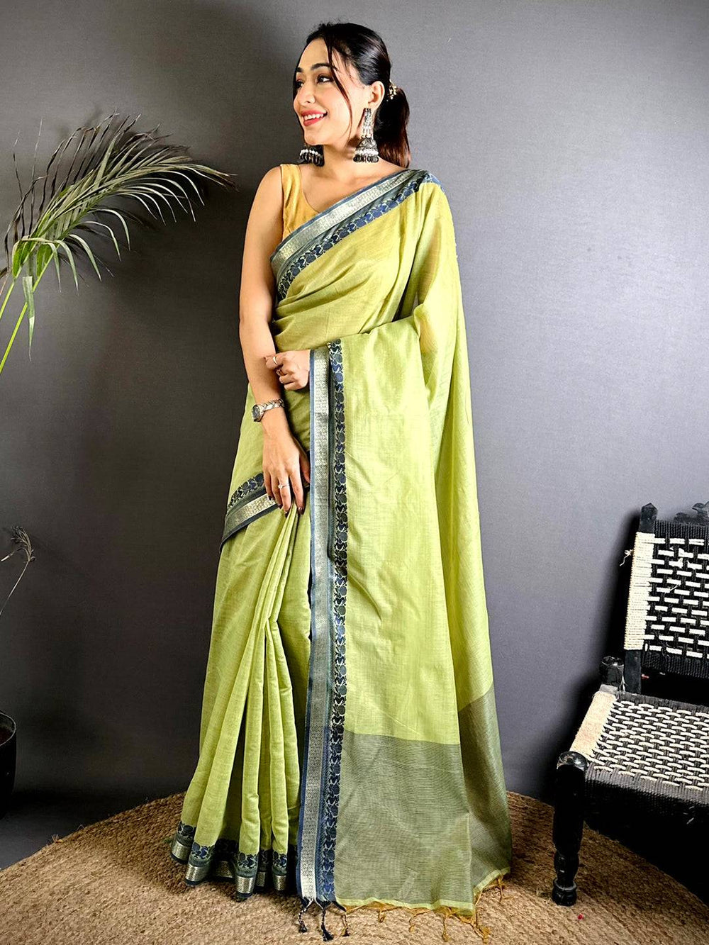 Light Green Soft Linen Silk Saree with Navy Blue Woven Border