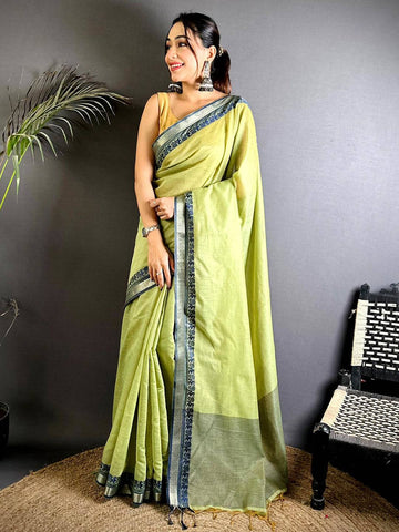 Light Green Soft Linen Silk Saree with Navy Blue Woven Border