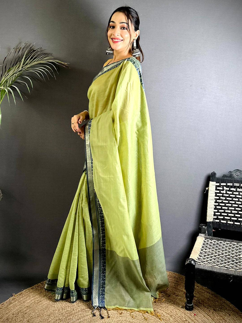 Light Green Soft Linen Silk Saree with Navy Blue Woven Border