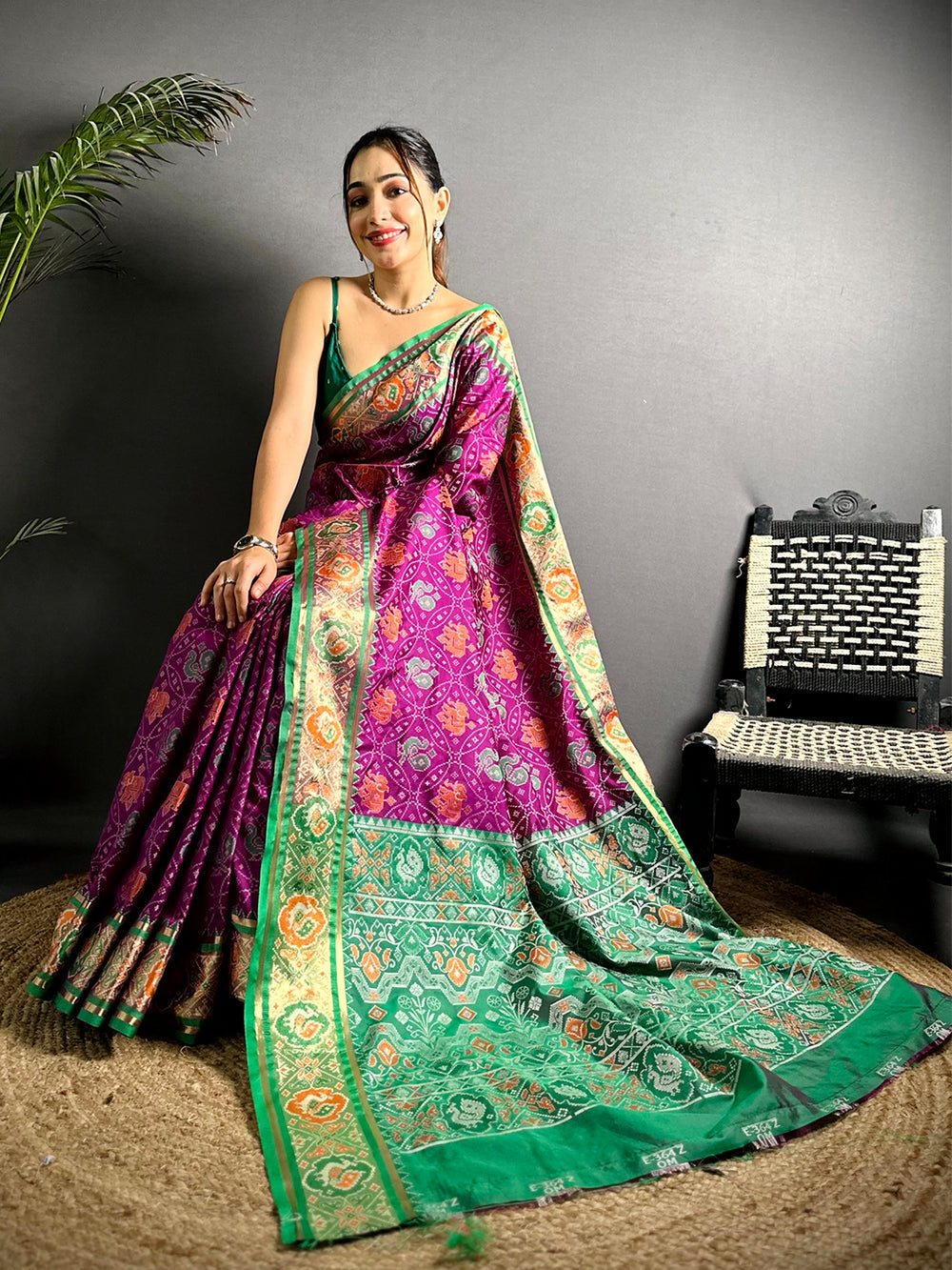 Purple & Green Patola Soft Silk Saree with Traditional Weaving and Rich Border