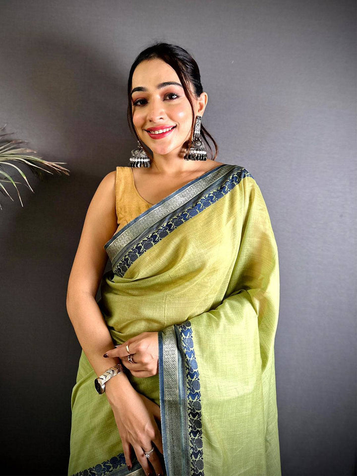 Light Green Soft Linen Silk Saree with Navy Blue Woven Border