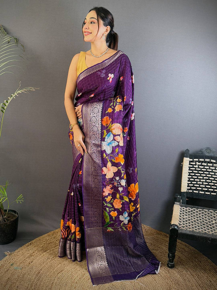 Purple Soft Silk Saree with Floral Digital Print & Silver Zari Border