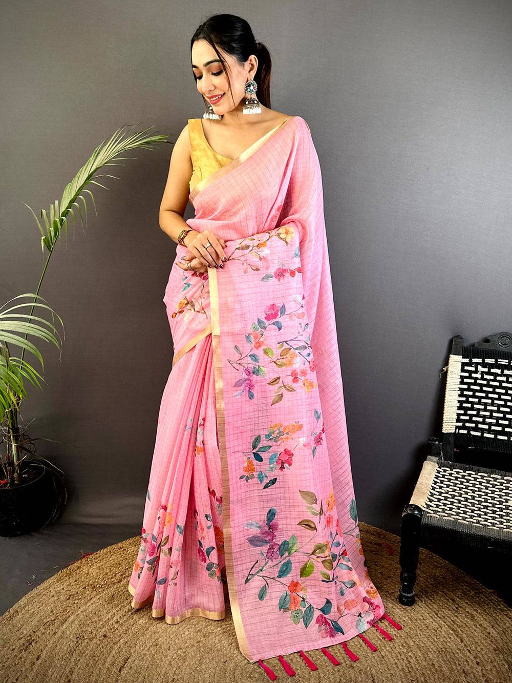 Pink Floral Printed Linen Silk Saree with Golden Border