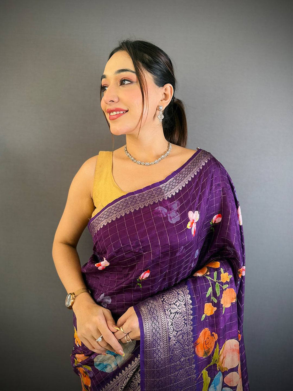 Purple Soft Silk Saree with Floral Digital Print & Silver Zari Border