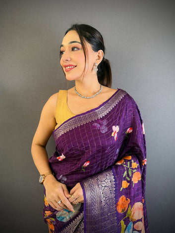 Purple Soft Silk Saree with Floral Digital Print & Silver Zari Border