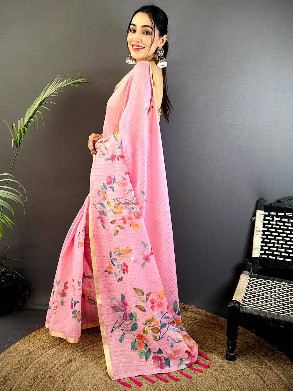 Pink Floral Printed Linen Silk Saree with Golden Border