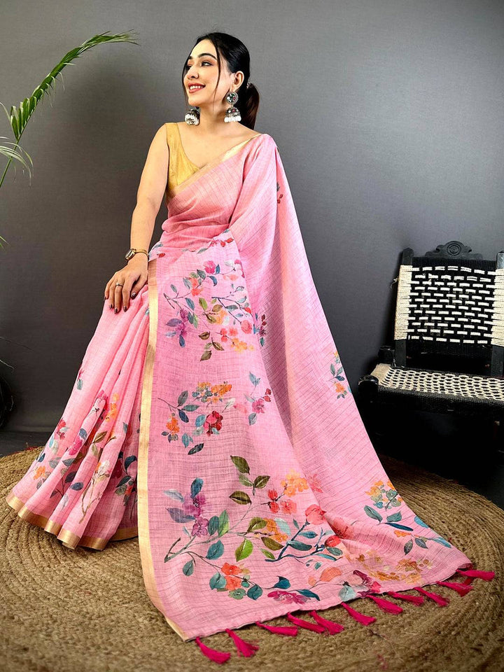 Pink Floral Printed Linen Silk Saree with Golden Border
