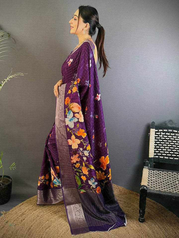 Purple Soft Silk Saree with Floral Digital Print & Silver Zari Border