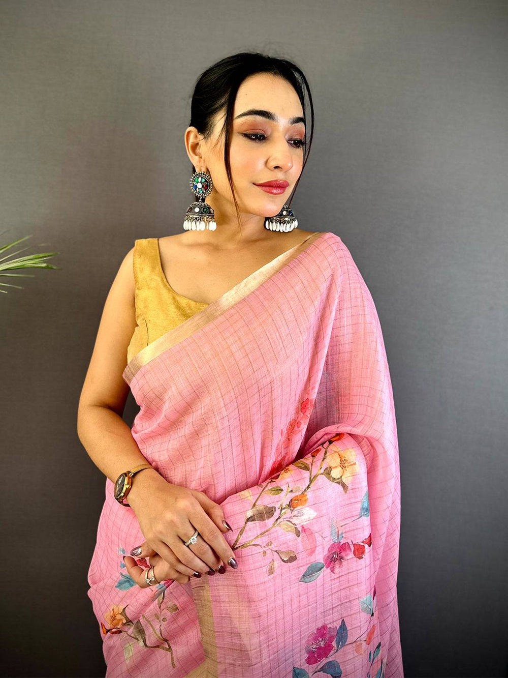 Pink Floral Printed Linen Silk Saree with Golden Border