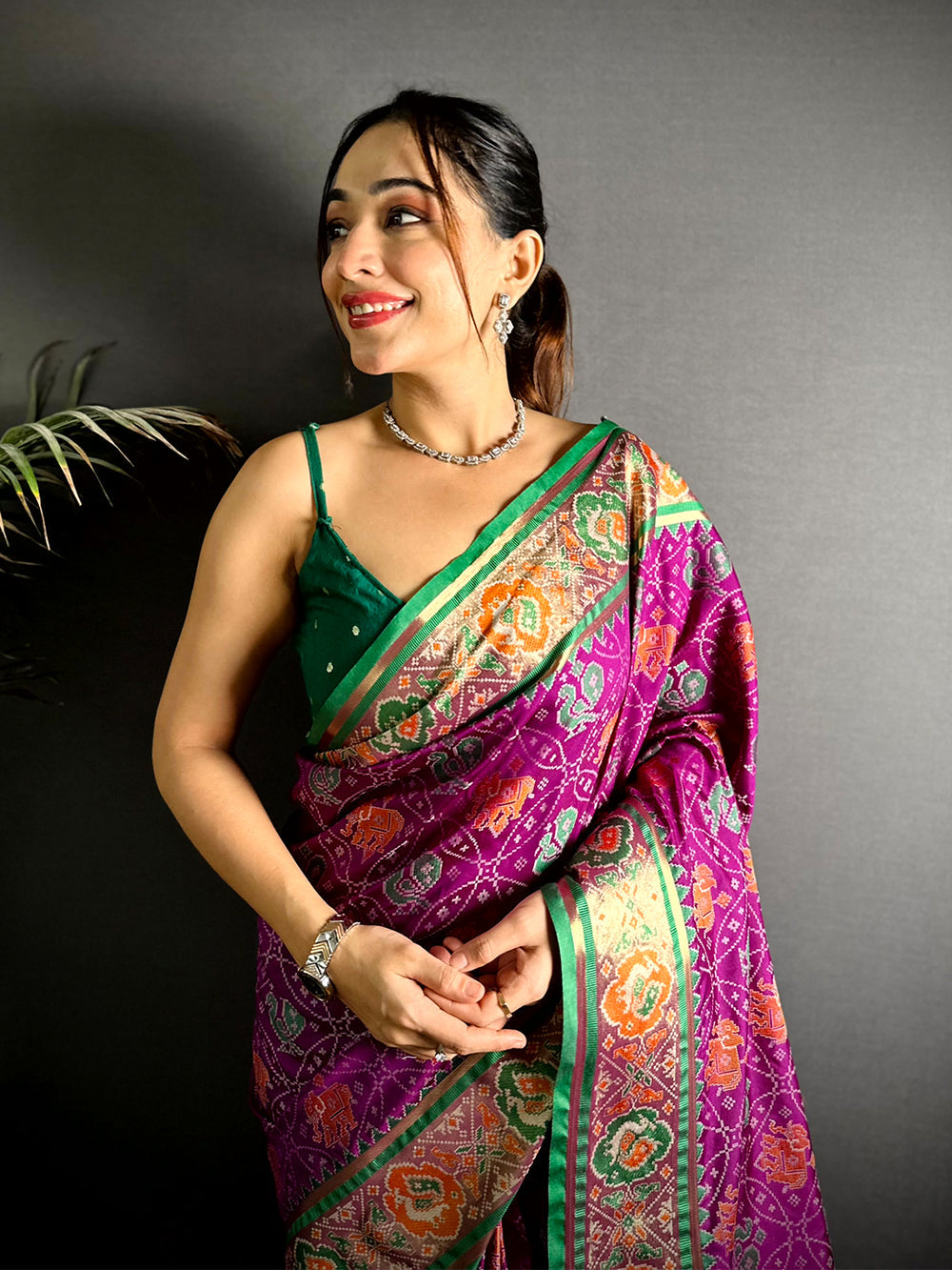 Purple & Green Patola Soft Silk Saree with Traditional Weaving and Rich Border