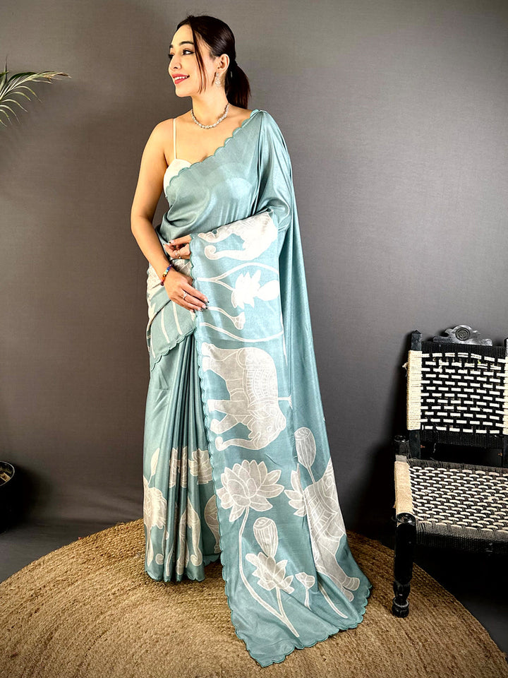 Cream Floral Soft Silk Saree with Red Banarasi Zari Border & Tassels