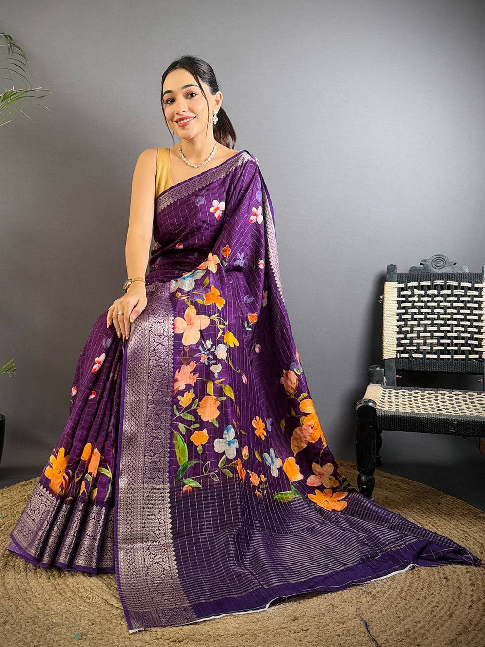 Purple Soft Silk Saree with Floral Digital Print & Silver Zari Border