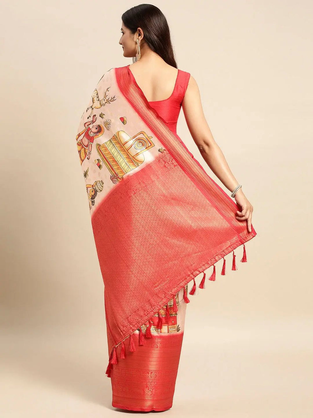Cream & Red Banarasi Silk Saree with Traditional Village Art Print & Zari Border