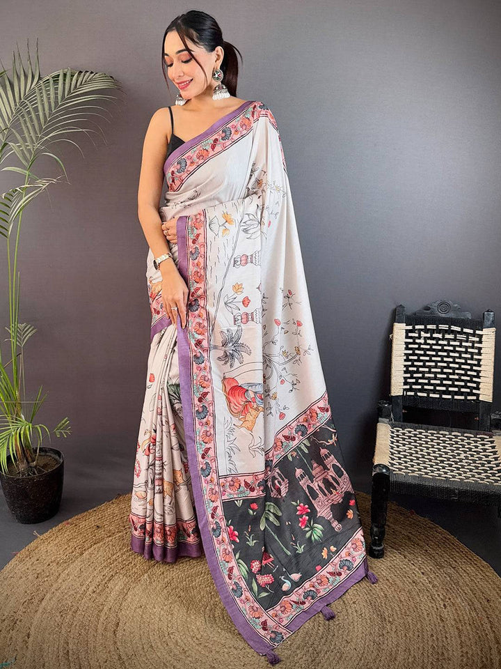 White Soft Silk Saree with Artistic Digital Print & Purple Woven Border