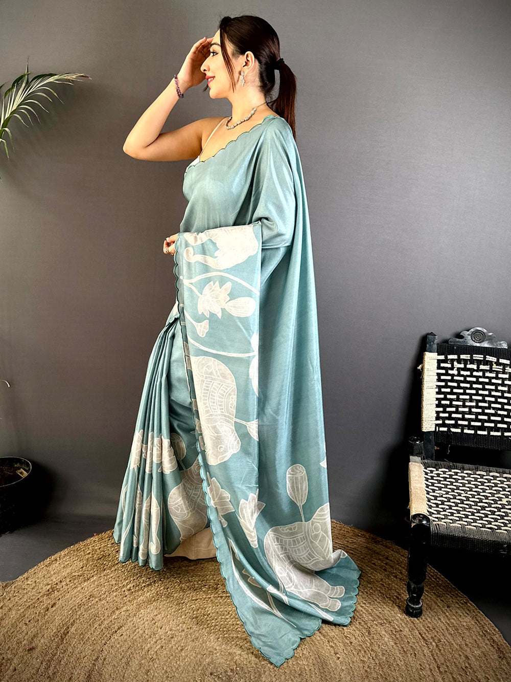 Sea Green Soft Silk Saree with White Elephant & Lotus Print
