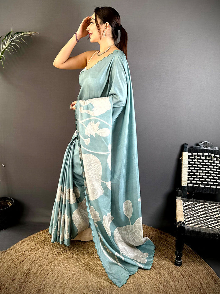 Sea Green Soft Silk Saree with White Elephant & Lotus Print