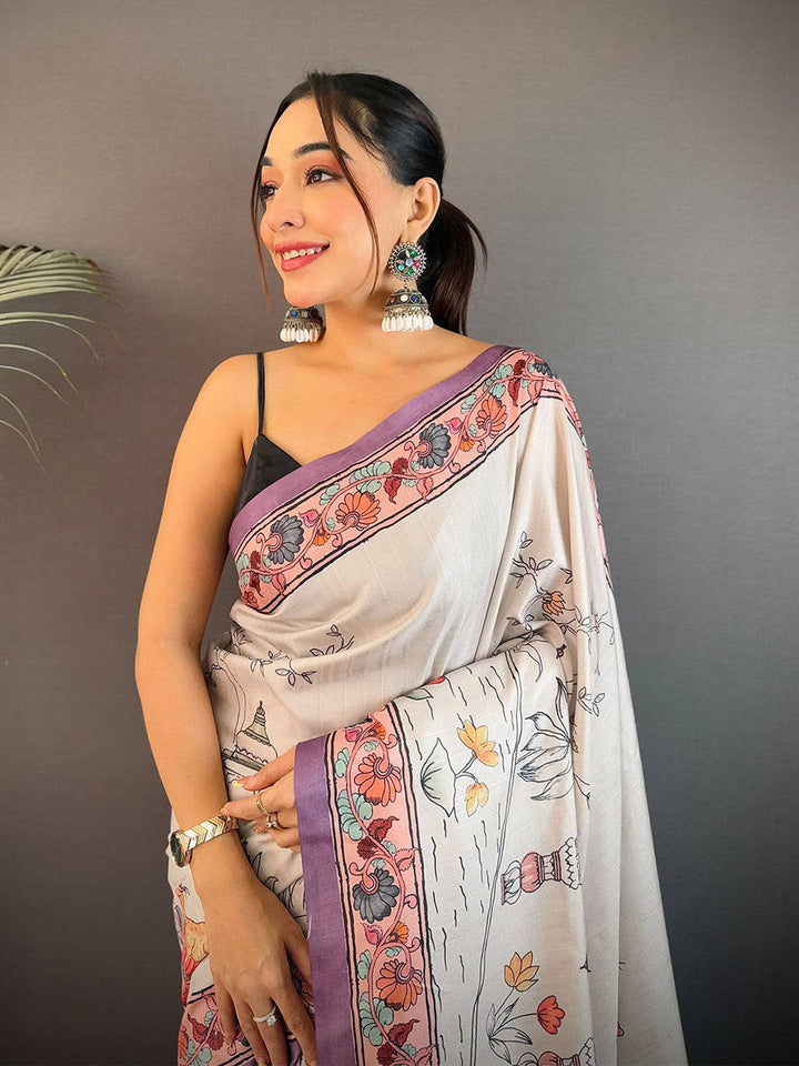 White Soft Silk Saree with Artistic Digital Print & Purple Woven Border