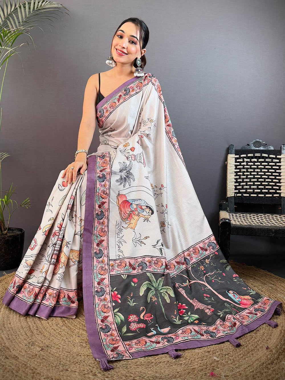 White Soft Silk Saree with Artistic Digital Print & Purple Woven Border