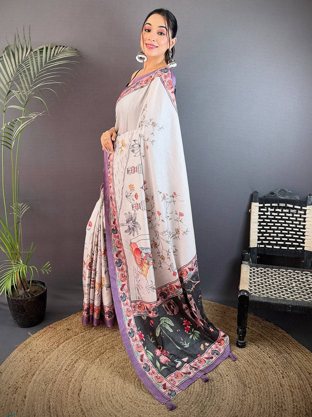 White Soft Silk Saree with Artistic Digital Print & Purple Woven Border