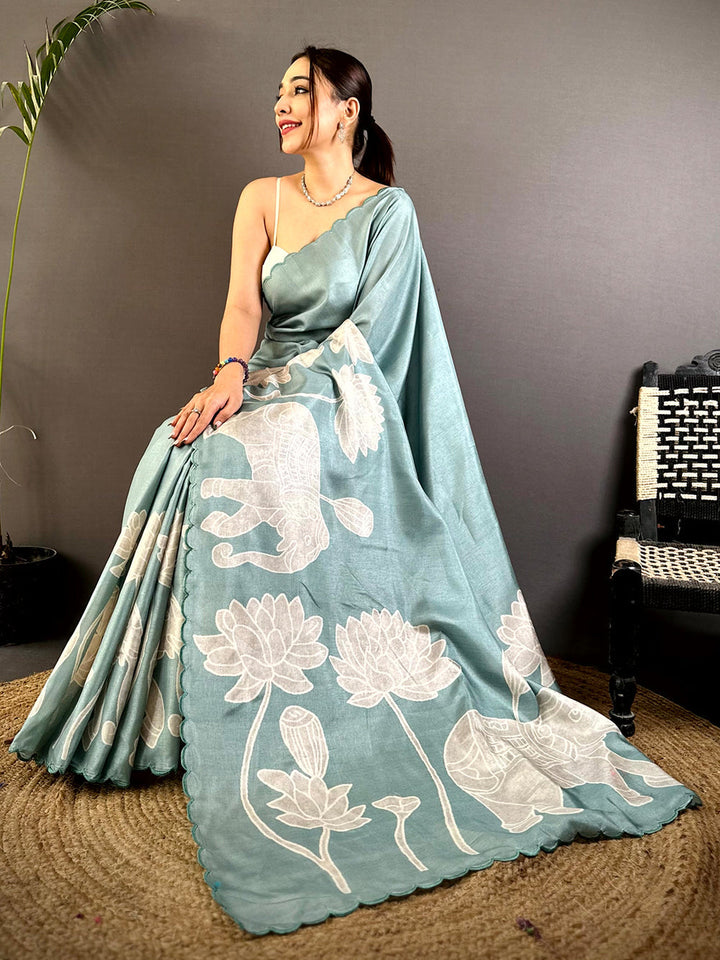 Sea Green Soft Silk Saree with White Elephant & Lotus Print