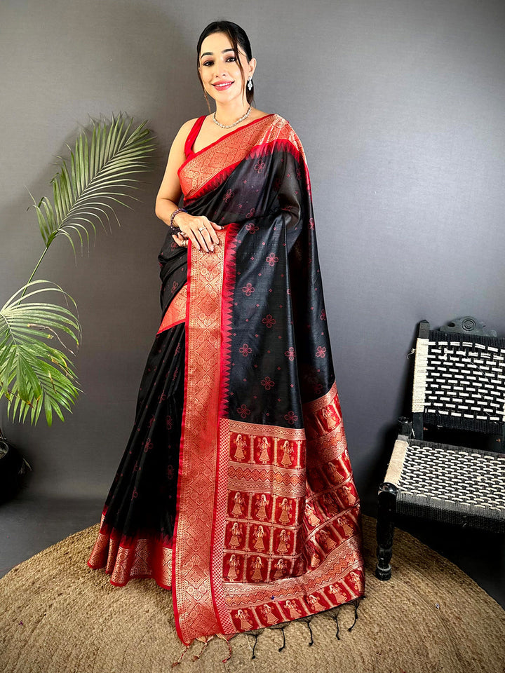 Black & Red Soft Silk Saree with Traditional Zari Border and Dancing Figure Motifs