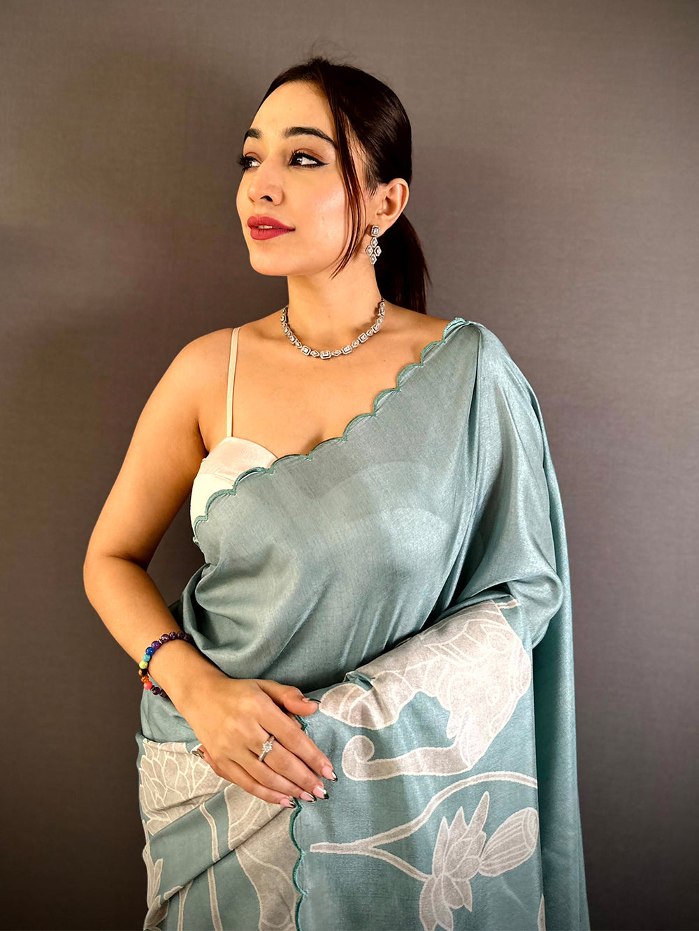 Sea Green Soft Silk Saree with White Elephant & Lotus Print