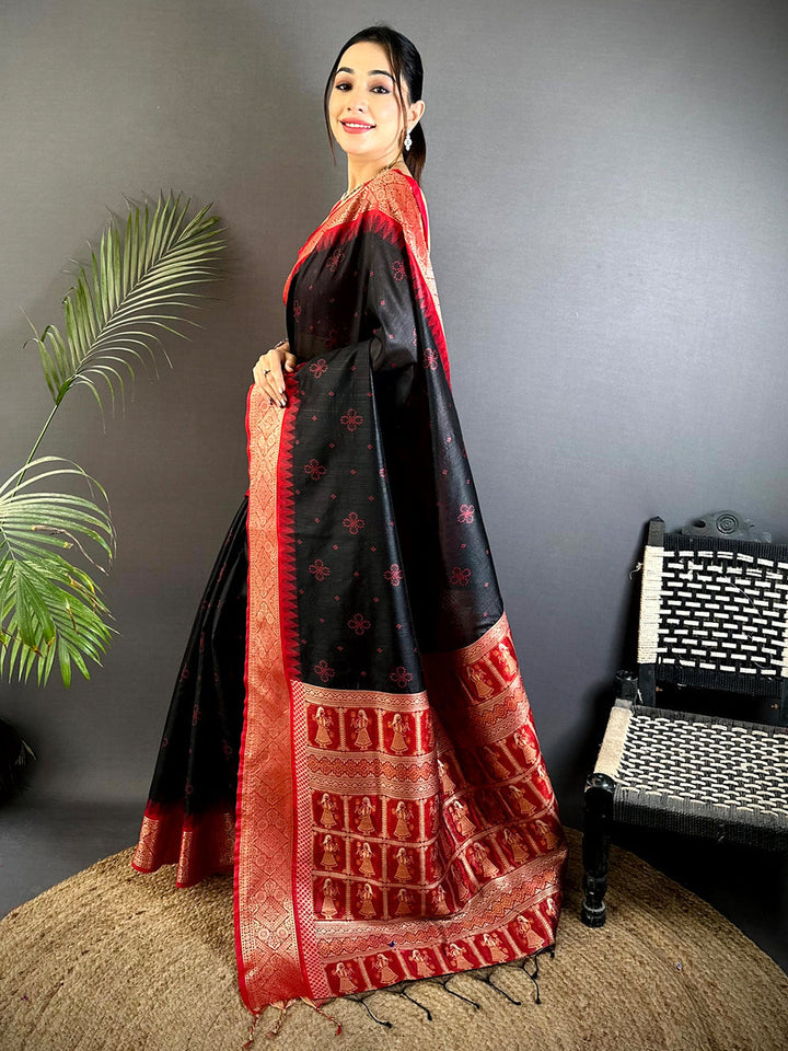 Black & Red Soft Silk Saree with Traditional Zari Border and Dancing Figure Motifs