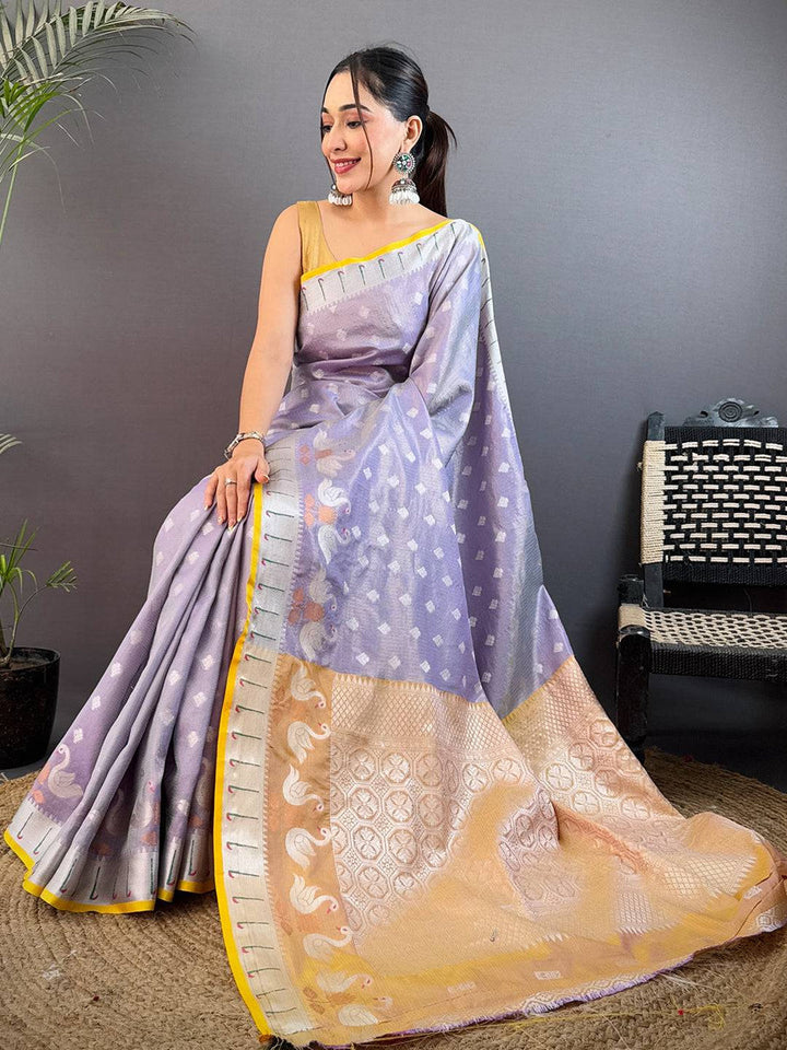 Lavender Soft Silk Saree with Pastel Peach Zari Pallu & Swan Motifs