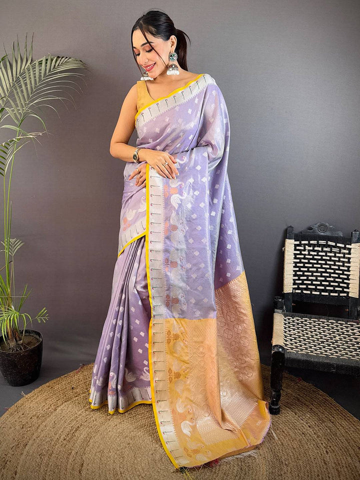 Lavender Soft Silk Saree with Pastel Peach Zari Pallu & Swan Motifs