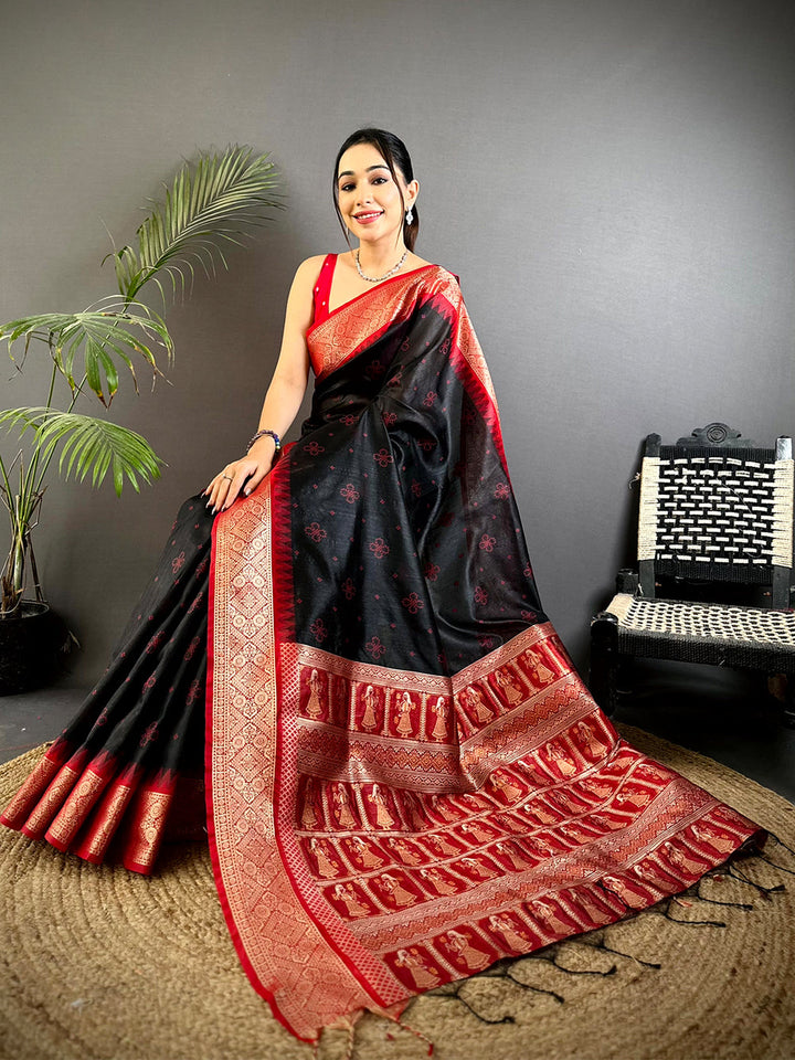 Black & Red Soft Silk Saree with Traditional Zari Border and Dancing Figure Motifs