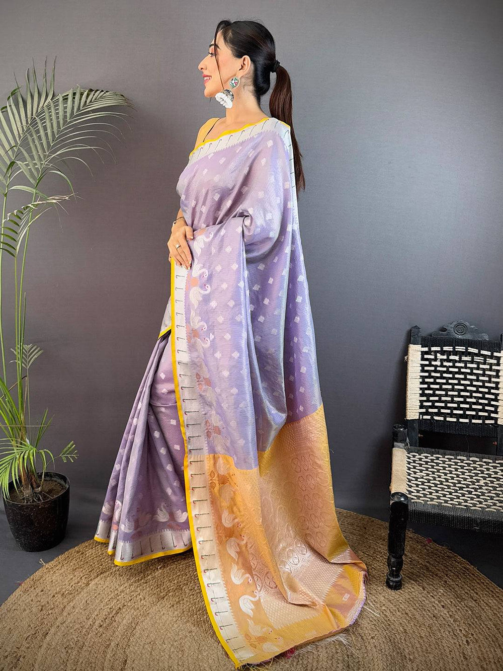 Lavender Soft Silk Saree with Pastel Peach Zari Pallu & Swan Motifs