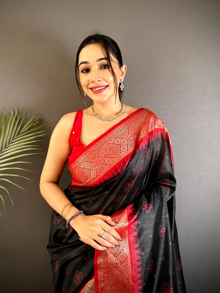 Black & Red Soft Silk Saree with Traditional Zari Border and Dancing Figure Motifs