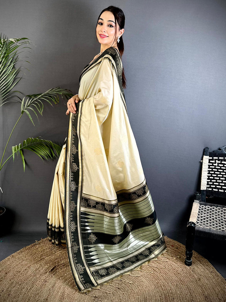 Cream & Black Banarasi Soft Silk Saree with Rich Zari Border
