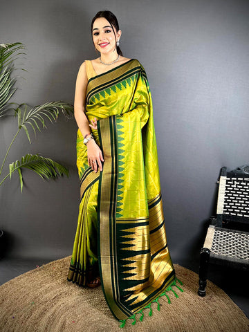 Lime Green Soft Silk Saree with Dark Green Temple Zari Border