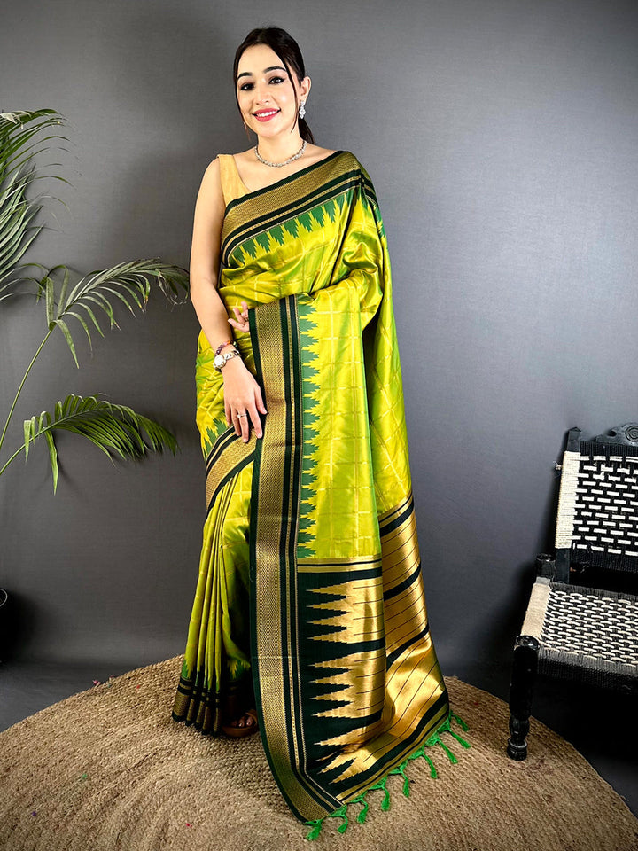 Lime Green Soft Silk Saree with Dark Green Temple Zari Border