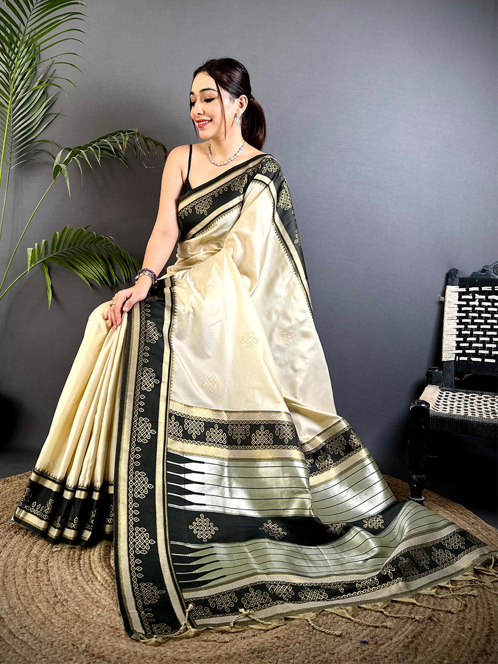 Cream & Black Banarasi Soft Silk Saree with Rich Zari Border