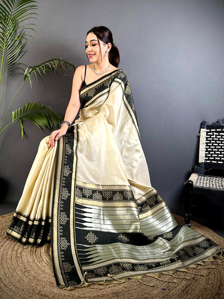 Cream & Black Banarasi Soft Silk Saree with Rich Zari Border