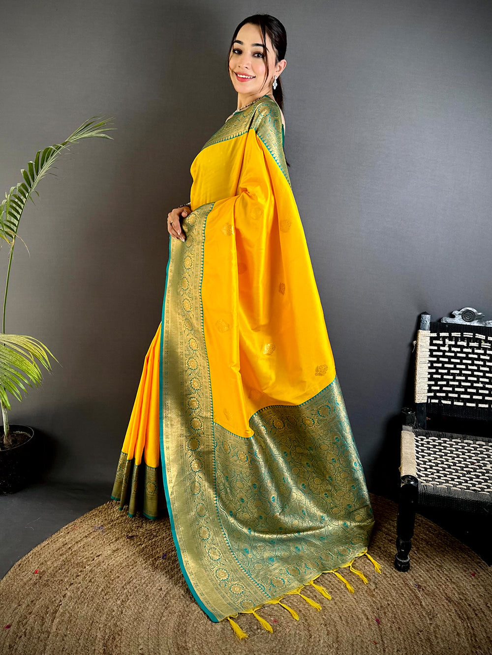Yellow Soft Silk Saree with Teal Blue Golden Zari Border
