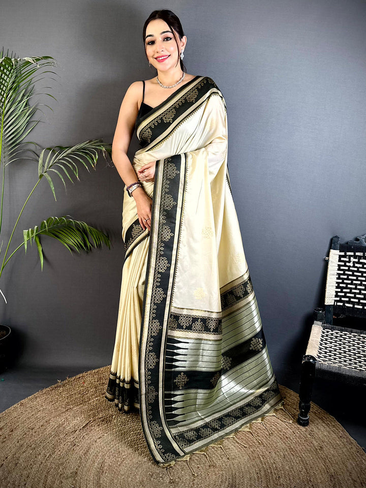 Cream & Black Banarasi Soft Silk Saree with Rich Zari Border