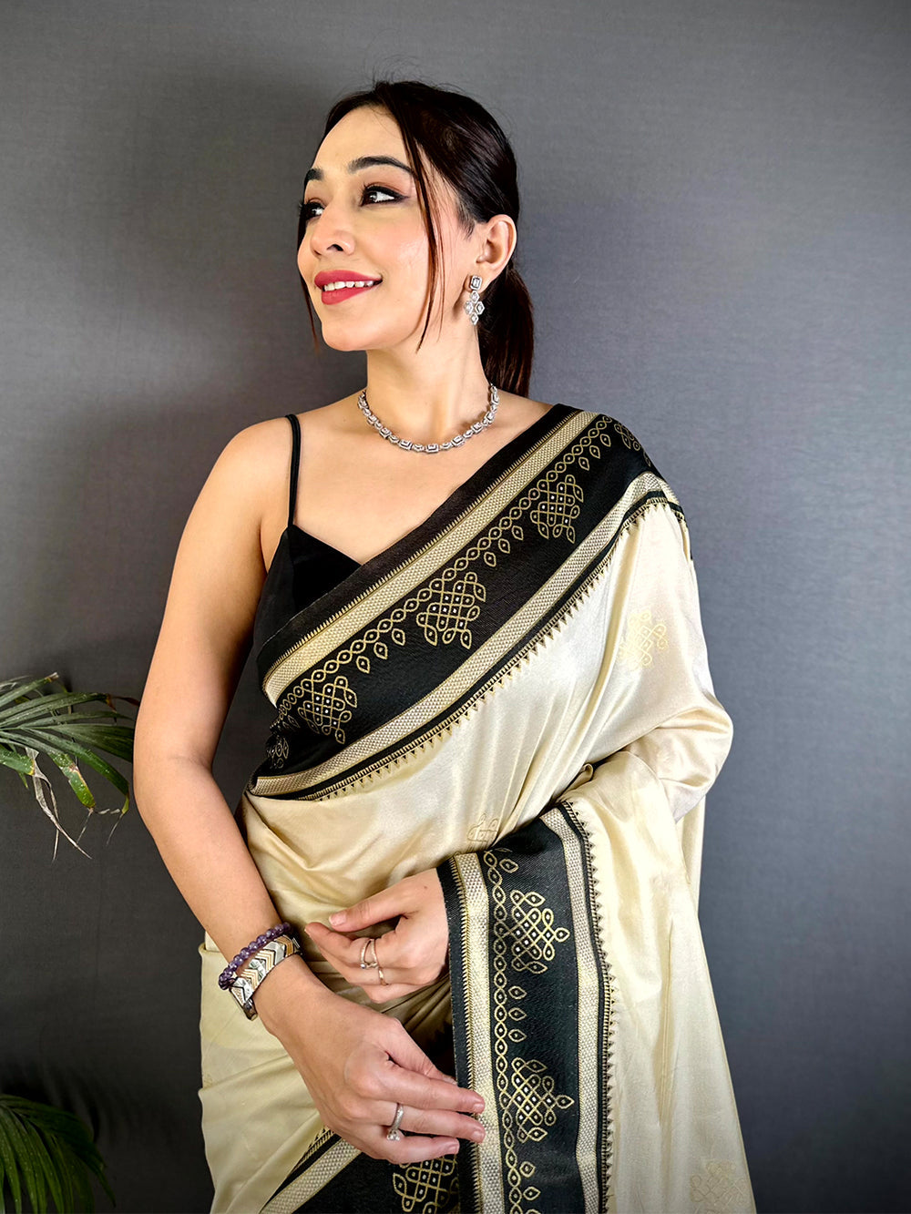 Cream & Black Banarasi Soft Silk Saree with Rich Zari Border