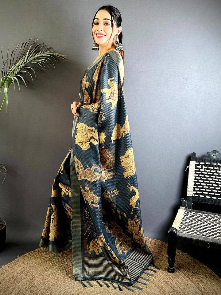 Black Soft Silk Saree with Antique Golden Tribal Motifs