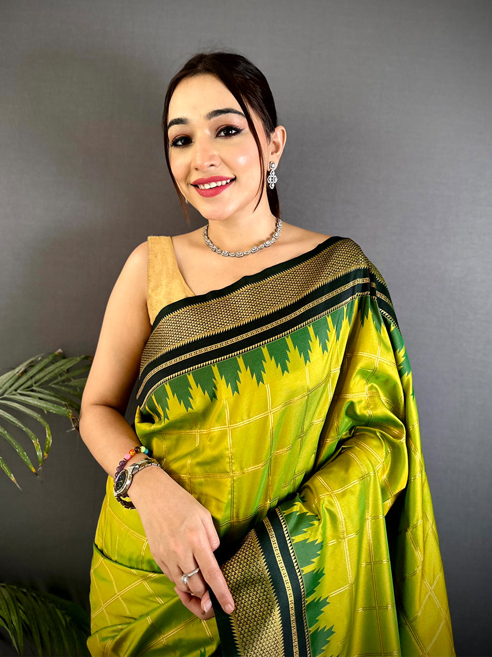 Lime Green Soft Silk Saree with Dark Green Temple Zari Border