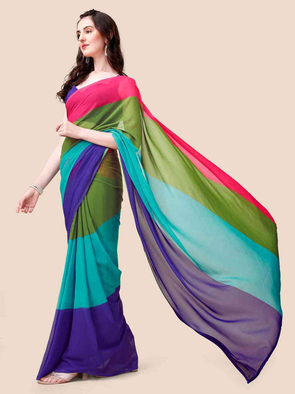 Multicolor Georgette Saree with Bold Colorblock Design