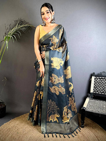 Black Soft Silk Saree with Antique Golden Tribal Motifs