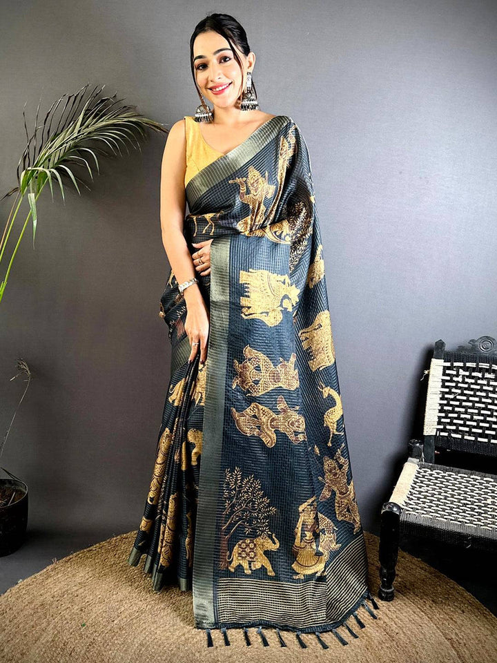Black Soft Silk Saree with Antique Golden Tribal Motifs