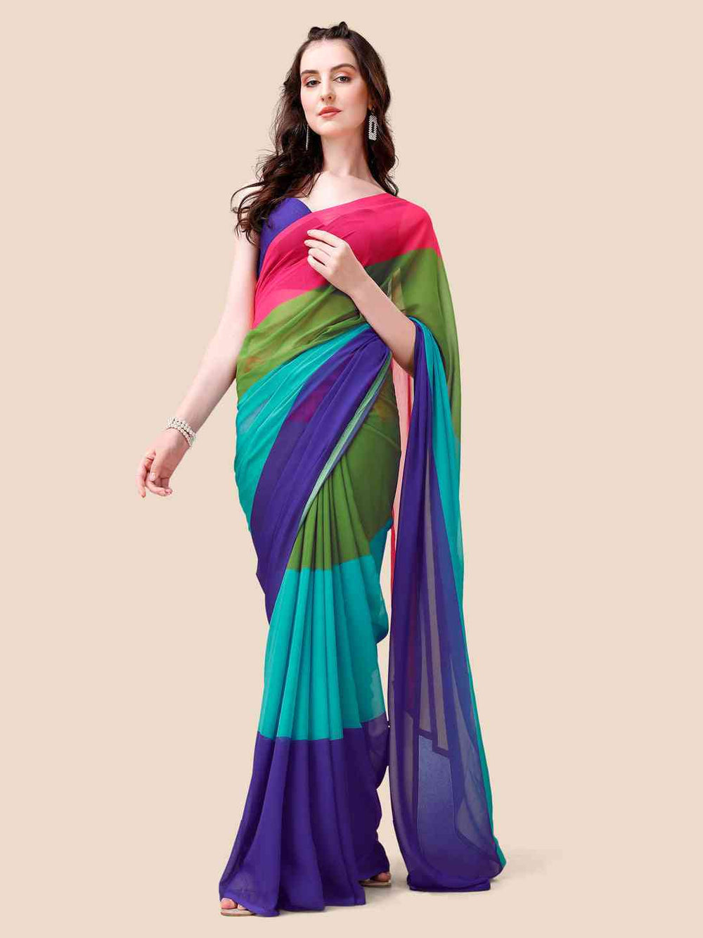 Multicolor Georgette Saree with Bold Colorblock Design